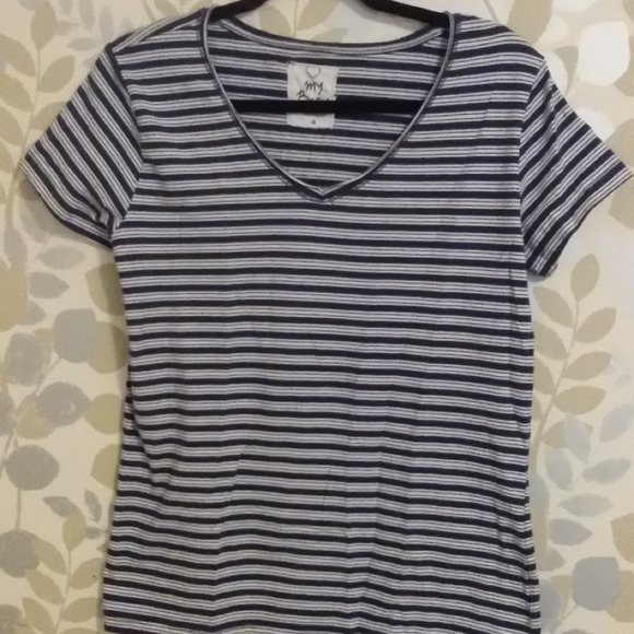 Blue White Stripes Tee-Shirt Short Sleeve Sz 4 (Fits L) - Picture 1 of 3